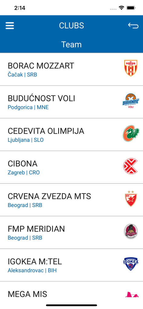 Un elenco di club di basket adriatico con nomi e loghi delle squadre nell'app ABA League.