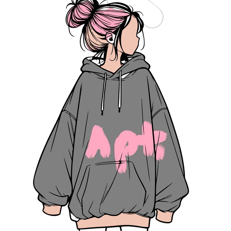 realistic girl with a oversized sweatshirt on and a bun