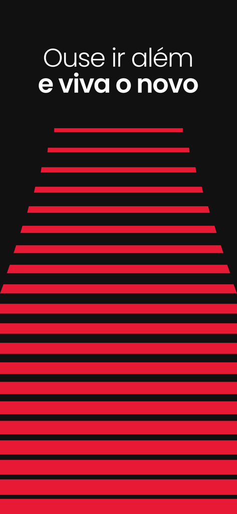 Tela de apresentação do aplicativo Outgo com o slogan Ouse ir alem e viva o novo sobre um caminho de perspectiva de linhas vermelhas