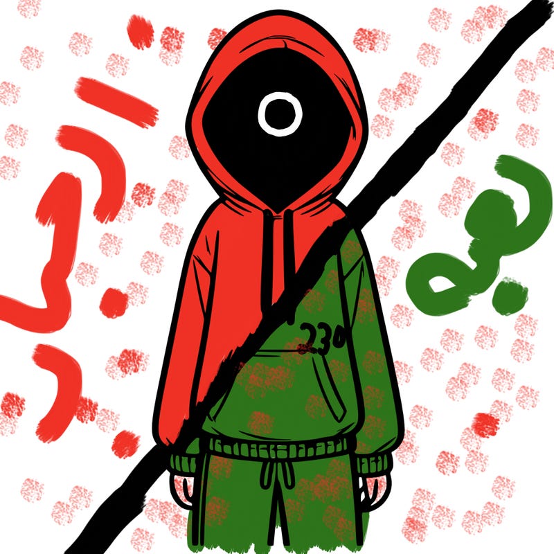 faceless girl in a tracksuit with a hood on and no hair