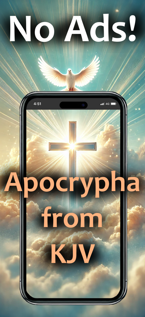 A smartphone displaying a glowing cross and a white dove for the Apocrypha PRO Bible app.