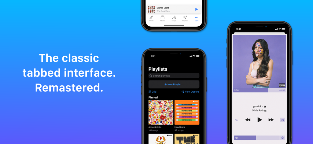 Cs Music Pro - Screenshots of the Cs Music Pro app showcasing its classic tabbed interface and music library management on iPhone