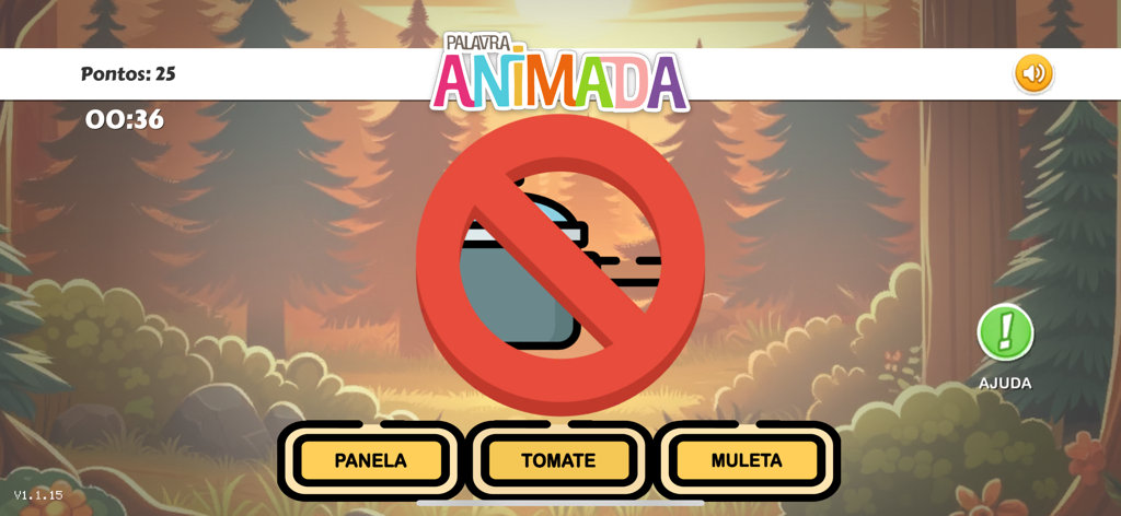 Educational gameplay screen of Palavra Animada showing word association tasks for children.