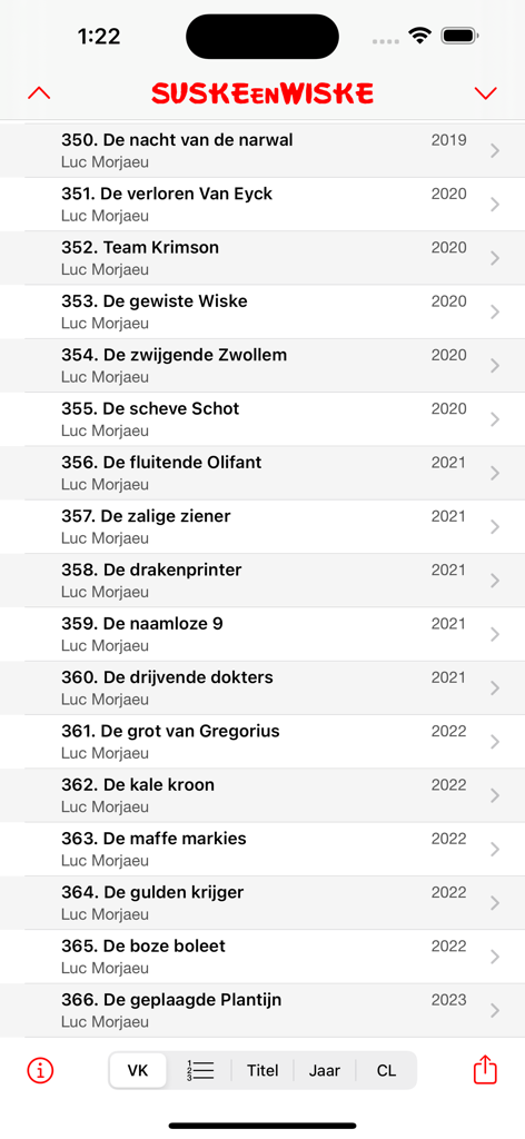 De aardige app - A list of Suske en Wiske comic book titles and release years within the app catalog.