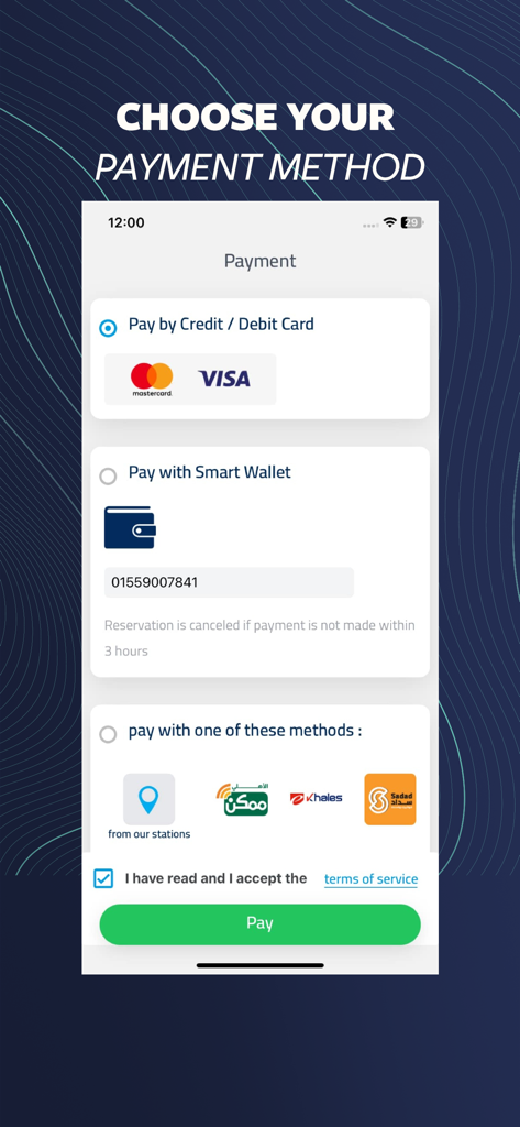 チケット予約のためのクレジットカードやスマートウォレットなどのさまざまな支払い方法を表示するBlue-Busモバイルアプリ