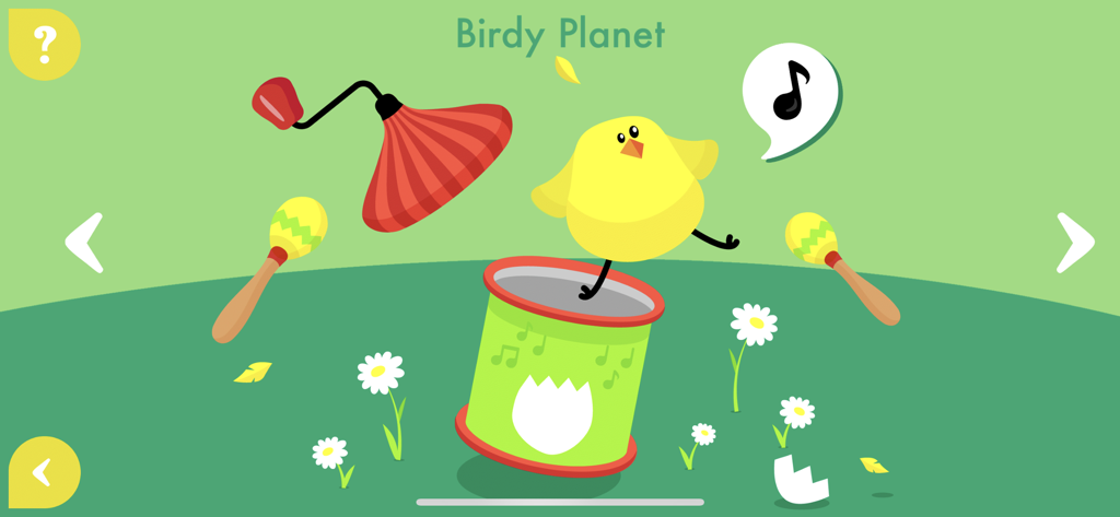 Music4Kids - A yellow bird character jumping on a drum in a children musical educational app scene called Birdy Planet.