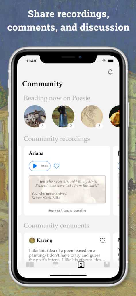Poesie: The Daily Poetry App - Interface of the Poesie app community section featuring user recordings and comments on poems.
