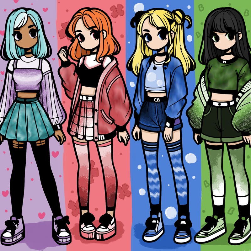 one girl with crop-top shirt and a jacket with a skirt, long socks and another girl with a shirt and pants with a jacket