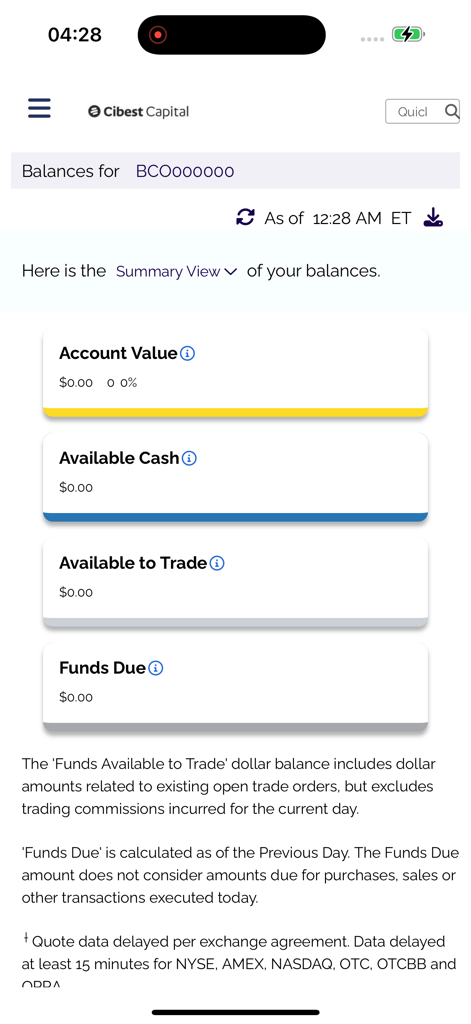Cibest Capital mobile app interface showing investment account balance summary