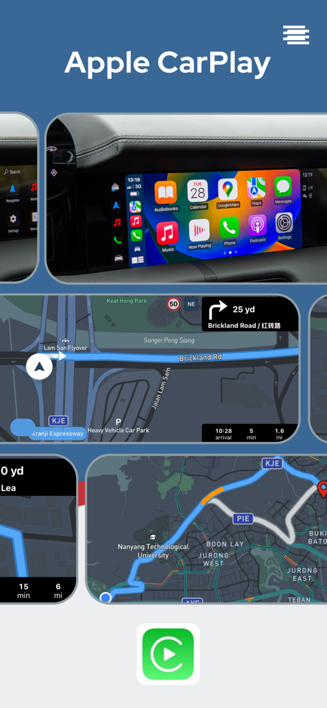 Interface do aplicativo Rotas de Teste de Condução mostrando o painel do Apple CarPlay e mapas de navegação GPS