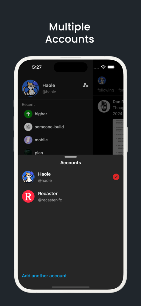 Recaster - Farcaster Client - Recaster app interface showing the multiple accounts switching feature in dark mode