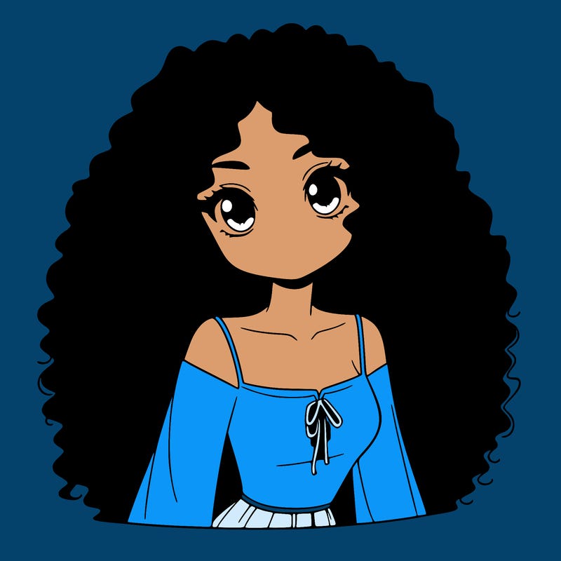 a black anime girl with long afro hair
