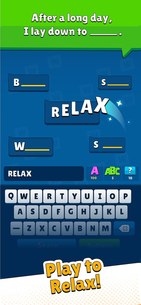 Popular Words: Family Game - Un puzzle di trivia di parole dal gioco Parole Popolari che chiede cosa fa qualcuno dopo una lunga giornata, con la risposta RILASSARSI mostrata.