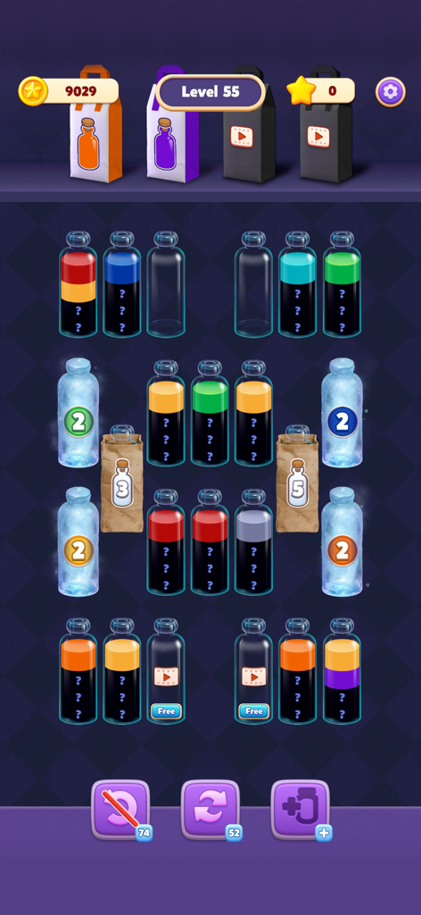 Gameplay of Water Match ASMR water sort puzzle with colorful liquids in glass bottles and hidden layers