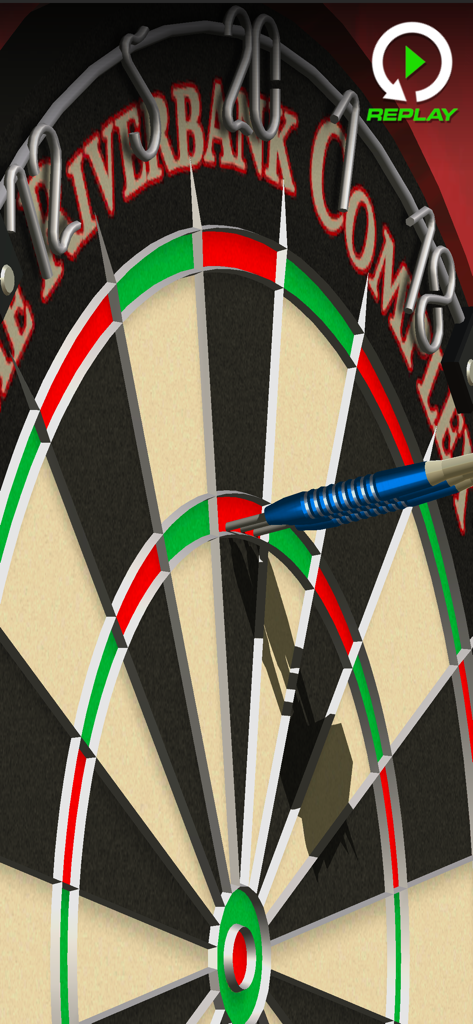 Close up view of a blue dart hitting the treble 20 ring on a professional dartboard in Bulls i Darts