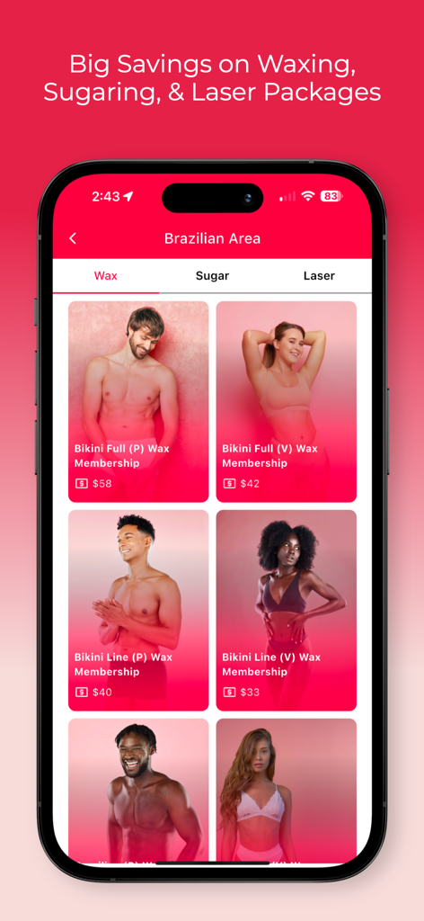 Hello Sugar: Wax, Sugar, Laser - A screenshot of the Hello Sugar app displaying various waxing and sugaring membership options for the Brazilian area