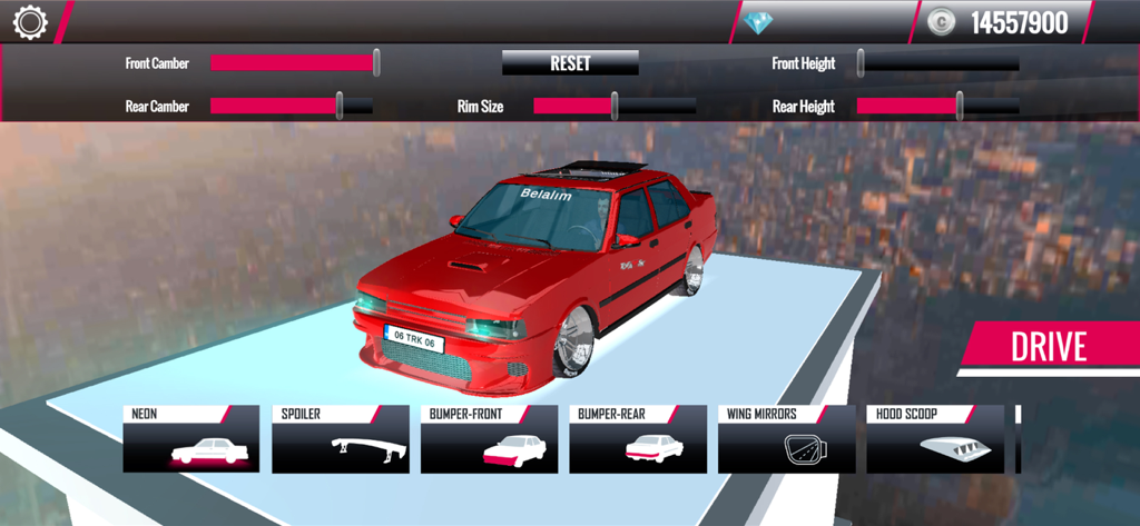 Real Car Drift & Racing Game - Car customization menu showing tuning options for a red vehicle