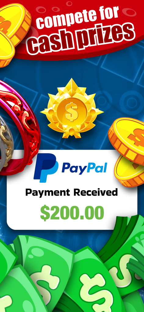 Promotion showing cash prizes and a two hundred dollar PayPal payment confirmation for the Color Ring tournament game