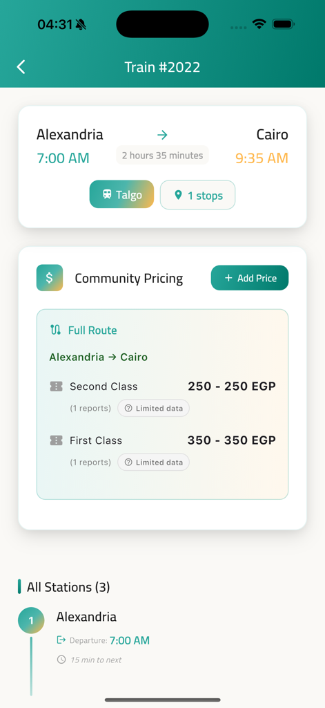 A detailed view of the Alexandria to Cairo train schedule and ticket prices on the Egypt Trains app.