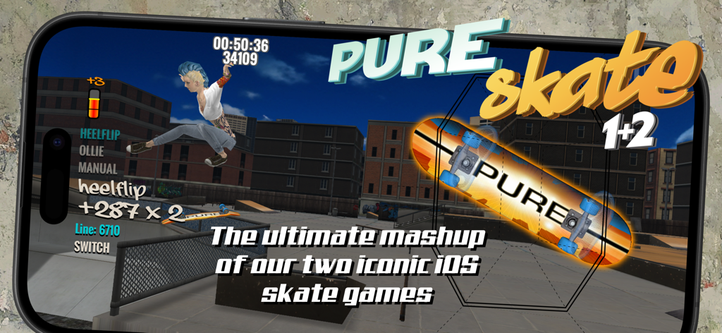 PureSkate 1+2 - A mobile gameplay screenshot of PureSkate 1+2 showing a 3D character performing a heelflip in an urban skatepark