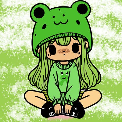 a girl wearing a frog hat and some frog socks