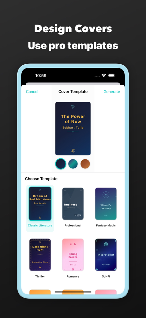 EPUB Cover Maker: Book Design - A selection of professional ebook cover templates for various genres in the EPUB Cover Maker app.