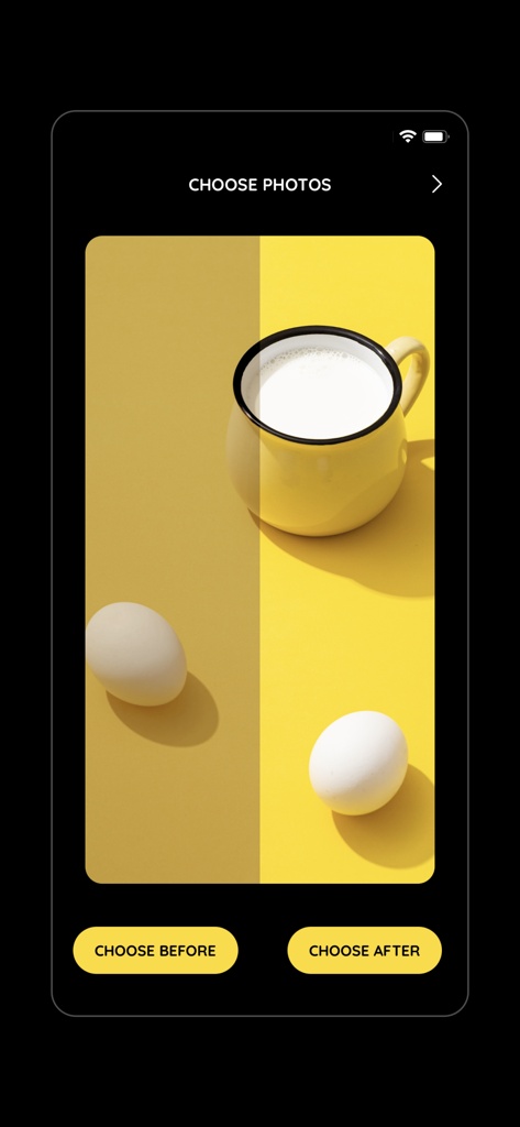 Doposler: Before after video - Interfaz de la aplicación Doposler mostrando la pantalla de selección de fotos con botones para imágenes de antes y después y una vista previa a pantalla dividida.