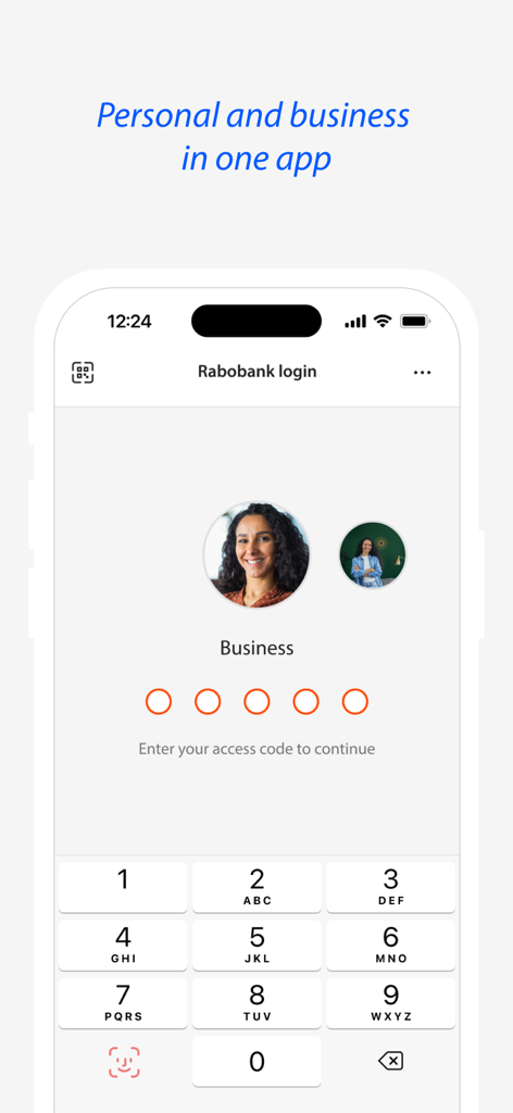 Rabobank app login screen for switching between personal and business accounts