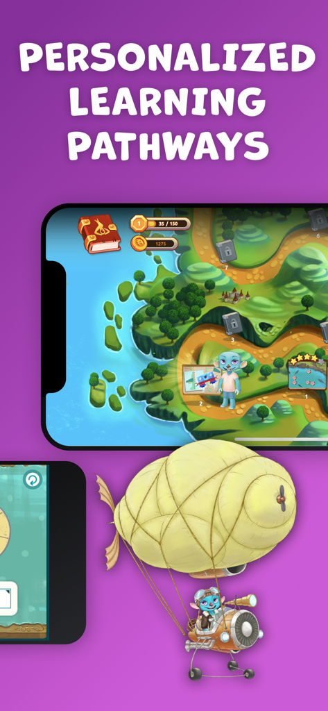 Tela do aplicativo Matific mostrando caminhos de aprendizado personalizados em um mapa de aventura gamificado