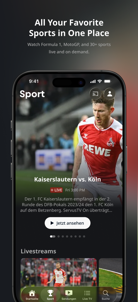 ServusTV On app interface showing a live football match between Kaiserslautern and Koln with sports streaming options.