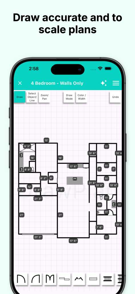 DrawPlan - グリッドの背景に正確な寸法と詳細な4ベッドルームの間取り図が表示されたDrawPlanアプリのインターフェースを示すスマートフォン。