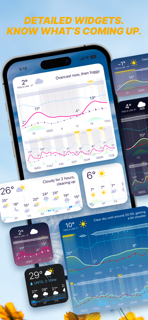 Weathergraph app showcasing various detailed weather forecast widgets and graphical data on an iPhone screen.