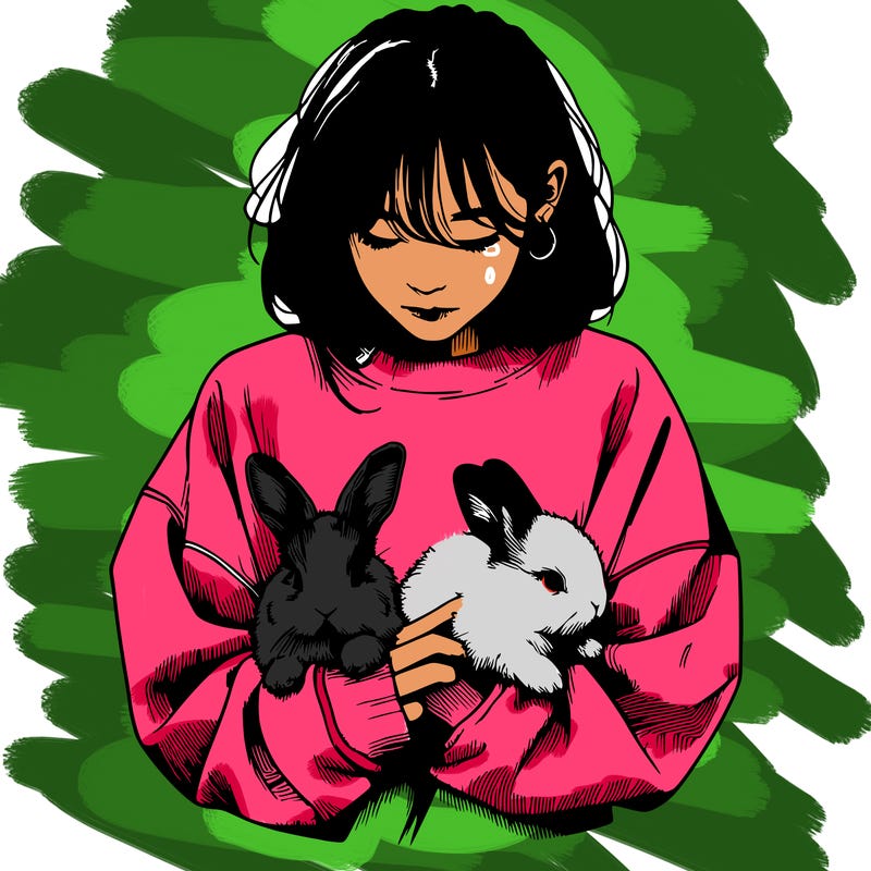 realistic girl with messy bunny baggy sweatshirt and holding bunnies