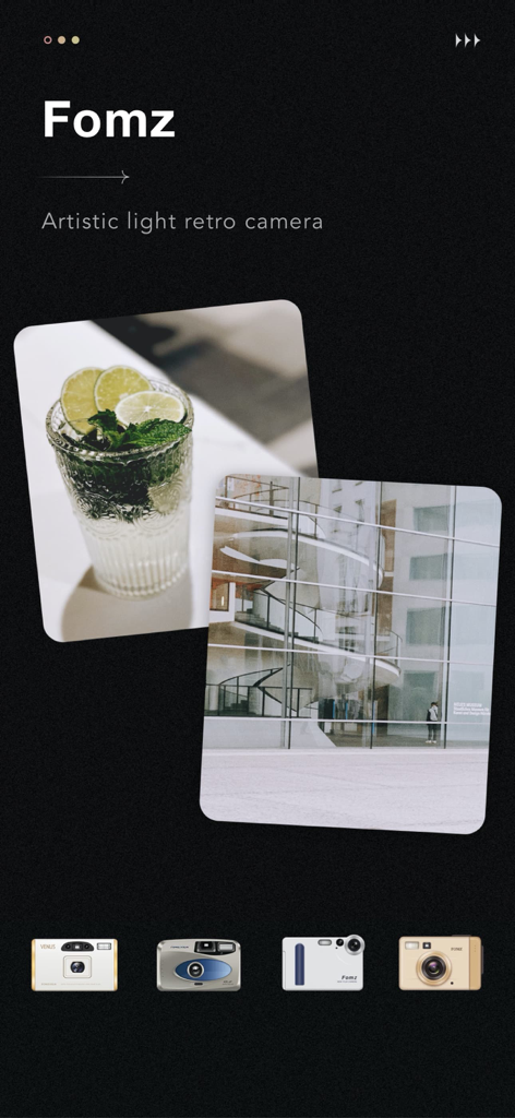 Fomz - Vintage Analog Camera - Fomz app interface showing artistic light retro camera features and vintage camera icons