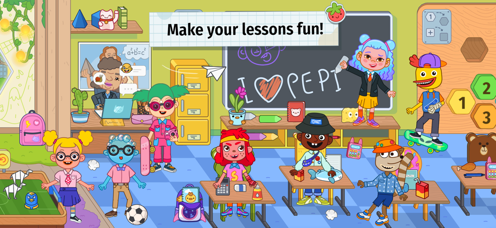Pepi School: Fun Kid Games - Diverse cartoon characters in a vibrant interactive classroom at Pepi School.