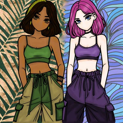 two girls with crop top with baggy pants