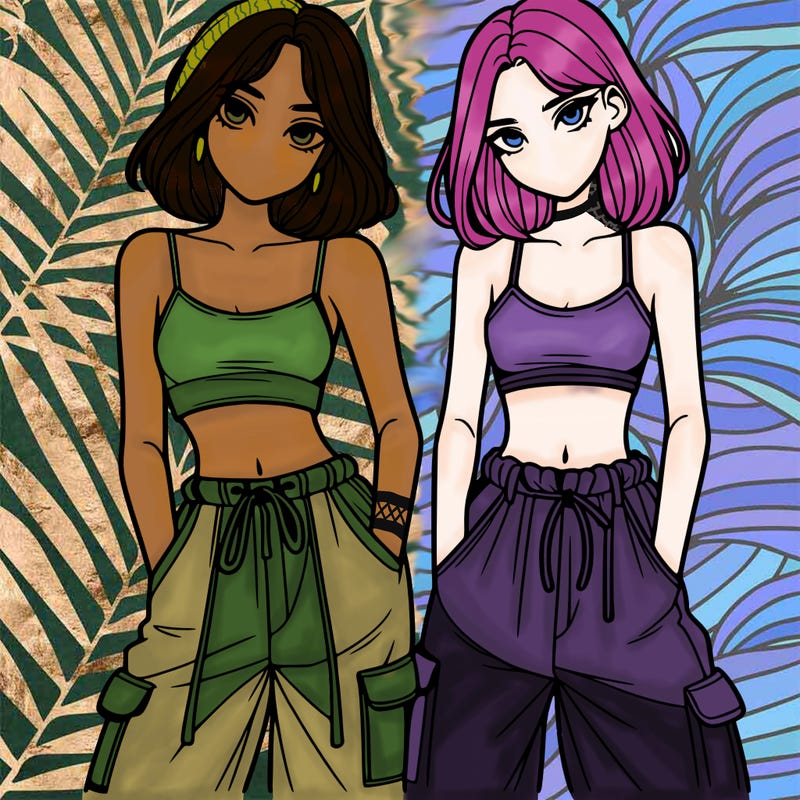 two girls with crop top with baggy pants