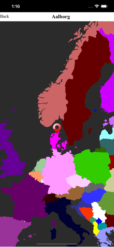 Geographical map showing the port location of Aalborg in Denmark