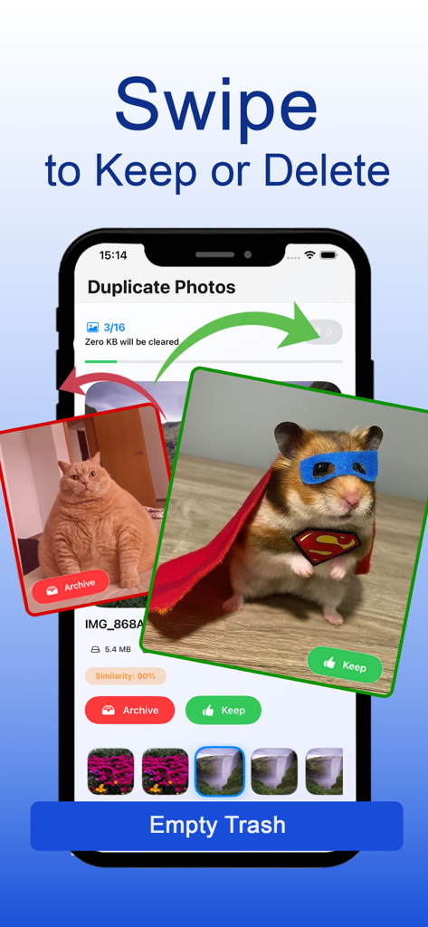 重複写真の管理のために、KeepまたはDeleteをスワイプする機能を示すClean Space AIアプリのインターフェイス