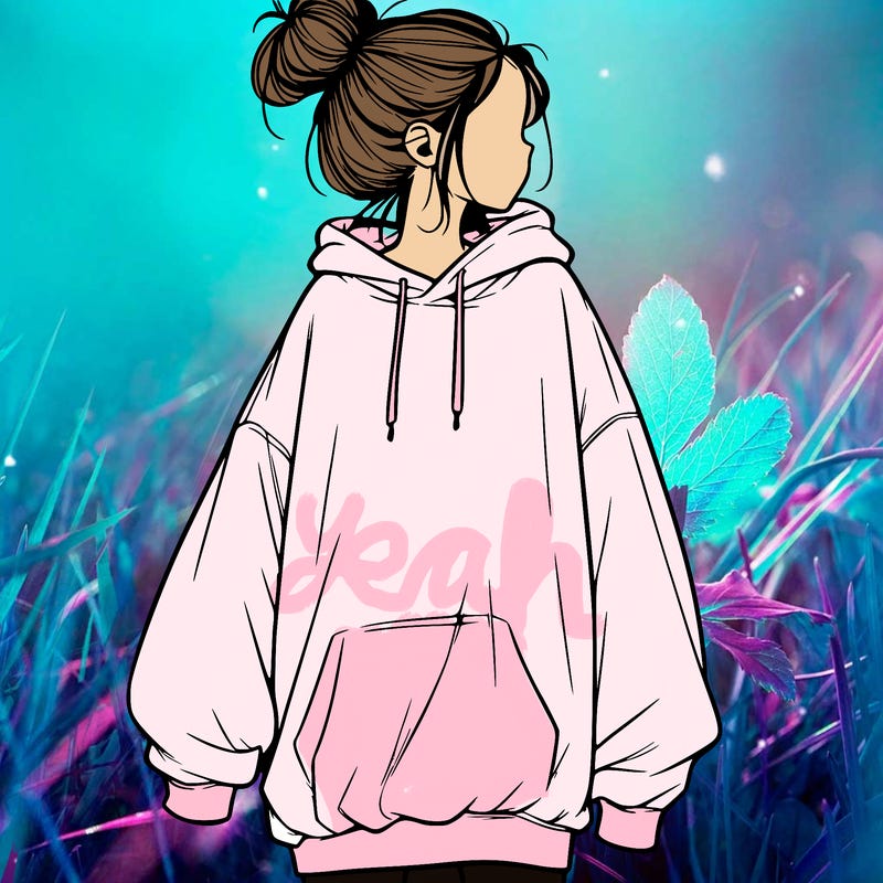 realistic girl with a oversized sweatshirt on and a bun