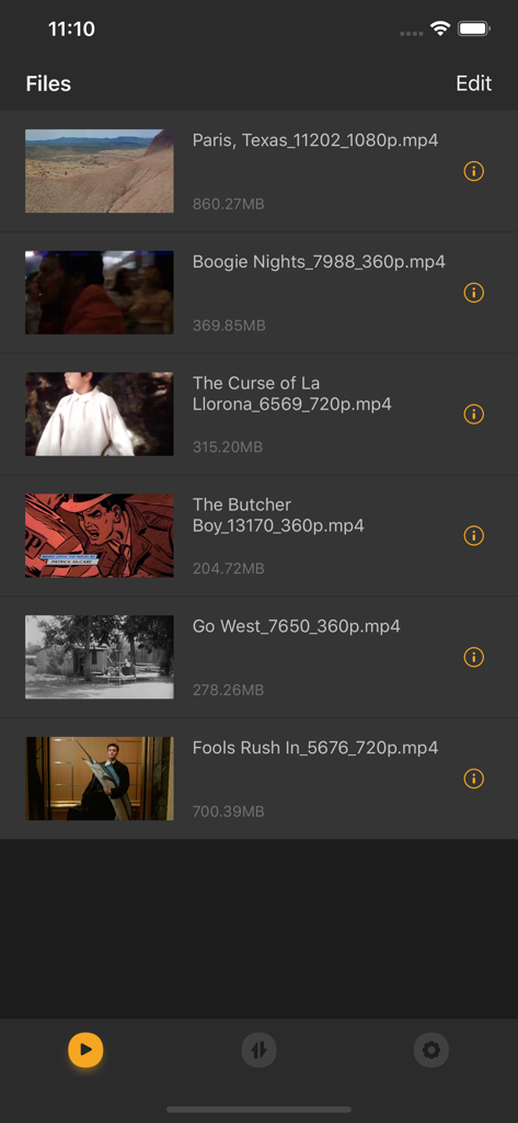 A list of locally stored video files in the KFPanda Player app interface showing file names sizes and thumbnails