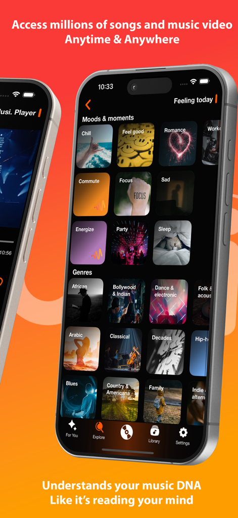 Music X Player-Music Streaming - Interfaz de la aplicación Music X Player mostrando selecciones de estado de ánimo y género musical.