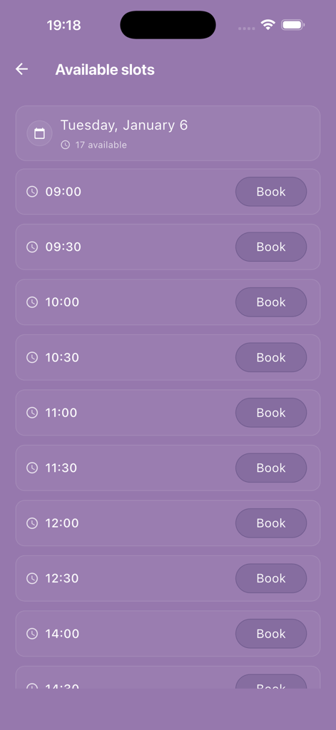 Small-Talk - Small-Talk 앱 예약 화면, 세션에 대한 사용 가능한 시간대 표시