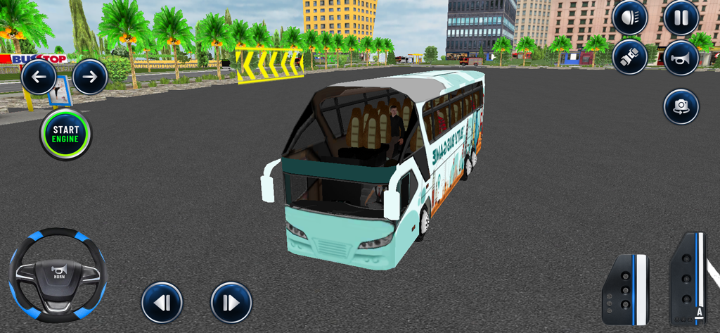 US Coach Bus Driving Games 3D - Jugabilidad de Juegos de Conducción de Autobuses Americanos 3D que muestra un autobús en un entorno urbano con controles de dirección y pedales