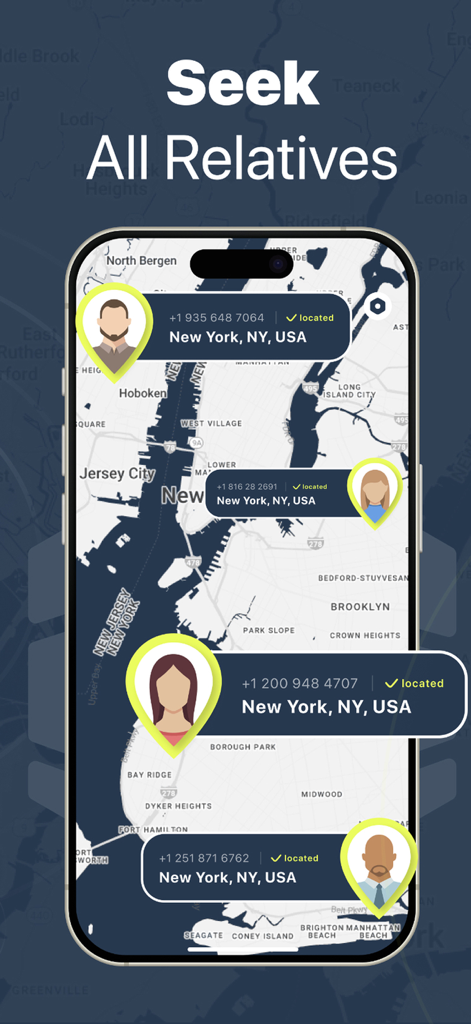 Geo Locator: Phone Tracking - Interfaz de la aplicación móvil que muestra a múltiples miembros de la familia ubicados en un mapa de la ciudad de Nueva York