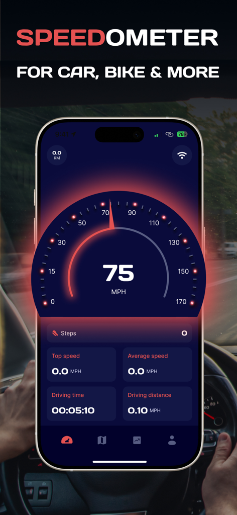 Digital speedometer interface on a smartphone showing 75 MPH and trip stats