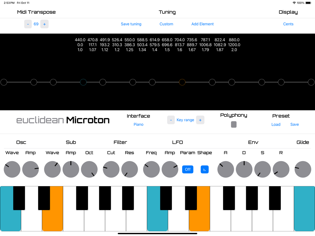 Interfaz del sintetizador Microton que presenta el visualizador de afinación de monocordio y un teclado personalizado de colores