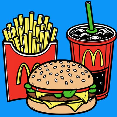 macdonald food with fritté hamburger and coca cola drink