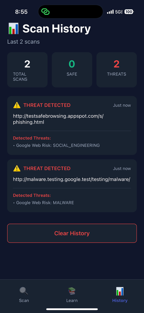 QR SafeScan - Threat Detector - Scan history screen in the QR SafeScan app displaying detected phishing and malware threats