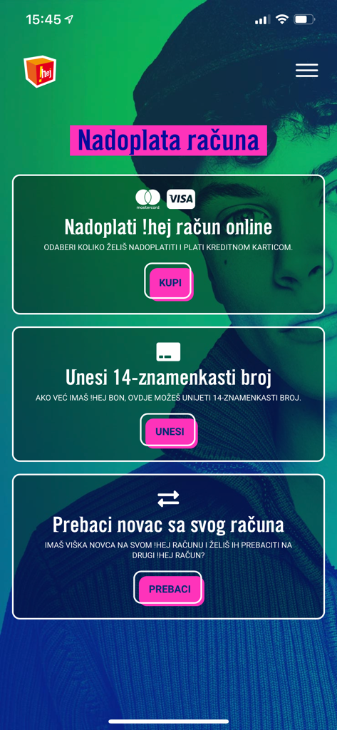 Tela de recarga de conta do aplicativo móvel hej com opções de pagamento online, entrada de voucher e transferência de saldo